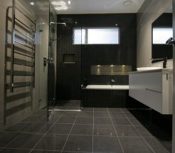 Sydney Bathroom Renovators - Black Bathroom With Flooring Tiles