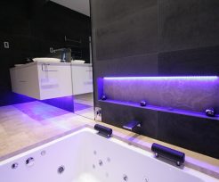 Sydney Bathroom Renovators - Black tile bathroom with light under sink cabinet
