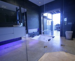 Sydney Bathroom Renovators - bathroom with glass entrance and floor bathtub