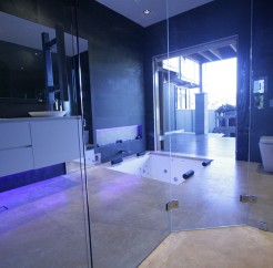Sydney Bathroom Renovators - bathroom with glass entrance and floor bathtub