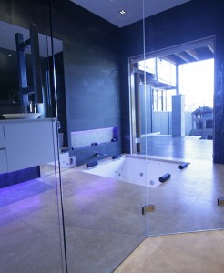 Sydney Bathroom Renovators - bathroom with glass entrance and floor bathtub