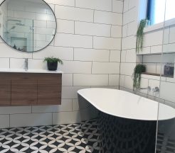 Contemporary Bathroom Renovations Miranda with Patterned Tile Floor