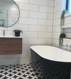 Contemporary Bathroom Renovations Miranda with Patterned Tile Floor