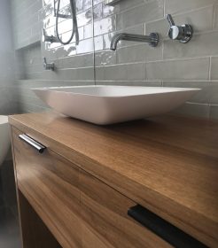 Modern Natural Timber Vanity with Black Handles Bathroom Remodeling Sydney