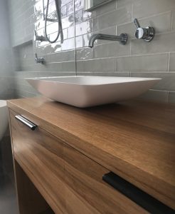 Modern Natural Timber Vanity with Black Handles Bathroom Remodeling Sydney