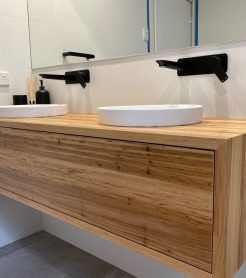 Natural Look Timber Vanity with Black Fittings Modern Bathroom Renovations Sydney